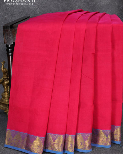 Silk cotton saree pink and cs blue with plain body and temple design zari woven border - {{ collection.title }} by Prashanti Sarees