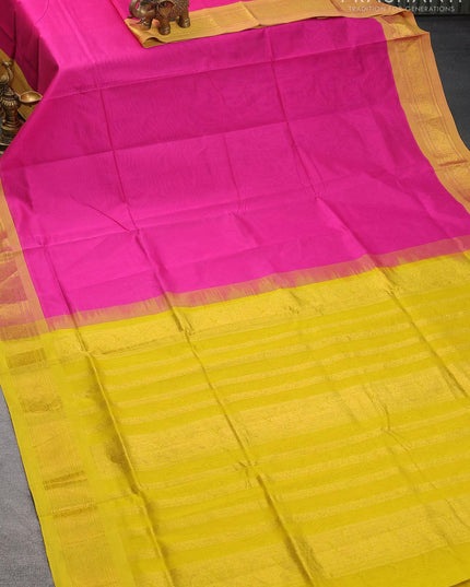 Silk cotton saree pink and yellow with plain body and zari woven border - {{ collection.title }} by Prashanti Sarees