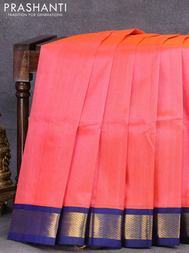 Silk cotton saree pink shade and blue with plain body and zari woven korvai border - {{ collection.title }} by Prashanti Sarees