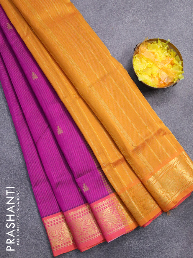 Silk cotton saree purple and mustard yellow with allover vairaosi pattern & temple zari woven buttas and paisley zari woven border - {{ collection.title }} by Prashanti Sarees