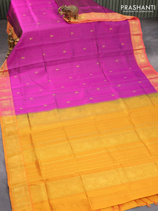 Silk cotton saree purple and mustard yellow with allover vairaosi pattern & temple zari woven buttas and paisley zari woven border - {{ collection.title }} by Prashanti Sarees