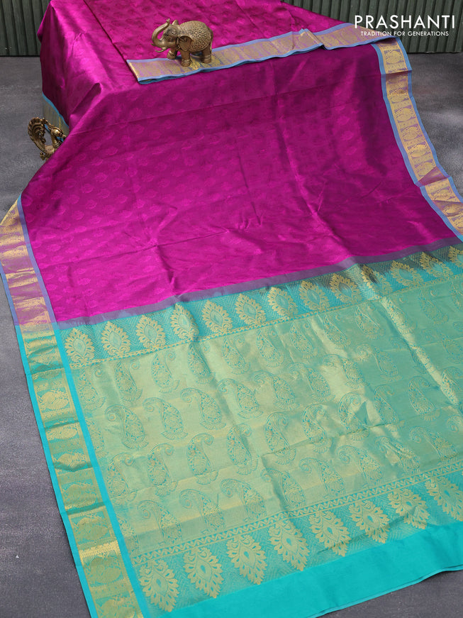 Silk cotton saree purple and peacock green with allover self emboss jacquard and annam zari woven border - {{ collection.title }} by Prashanti Sarees