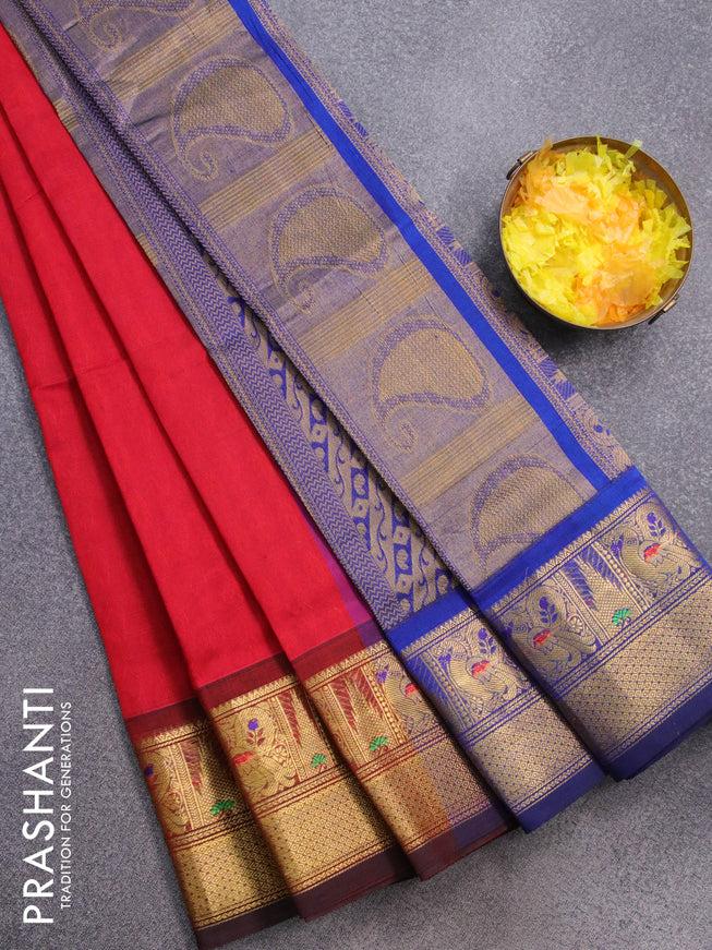 Silk cotton saree red and blue with allover self emboss and annam & temple design zari woven border - {{ collection.title }} by Prashanti Sarees