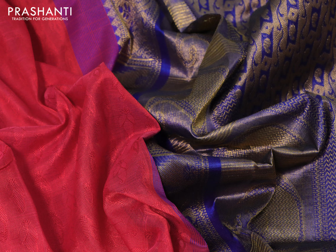 Silk cotton saree red and blue with allover self emboss and annam & temple design zari woven border - {{ collection.title }} by Prashanti Sarees