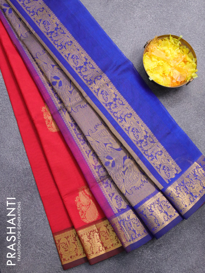 Silk cotton saree red and blue with paisley zari woven buttas and annam design zari woven border - {{ collection.title }} by Prashanti Sarees