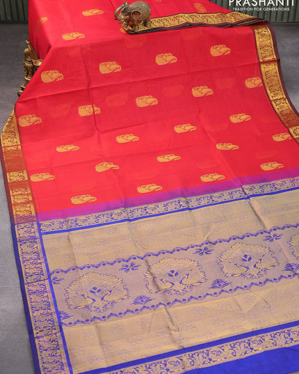 Silk cotton saree red and blue with paisley zari woven buttas and annam design zari woven border - {{ collection.title }} by Prashanti Sarees