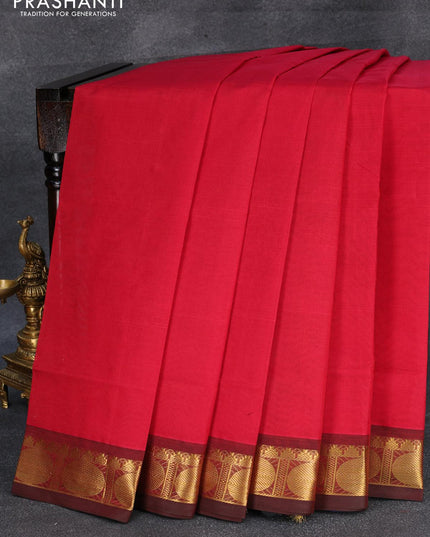 Silk cotton saree red and blue with plain body and rudhraksha zari woven border - {{ collection.title }} by Prashanti Sarees