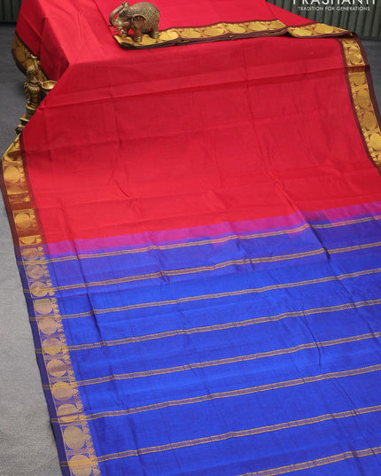 Silk cotton saree red and blue with plain body and rudhraksha zari woven border - {{ collection.title }} by Prashanti Sarees