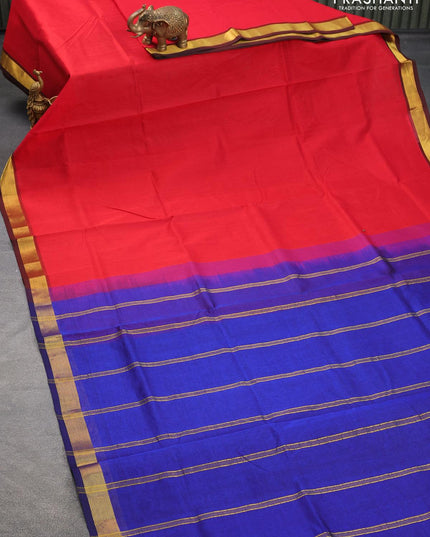 Silk cotton saree red and blue with plain body and small zari woven border - {{ collection.title }} by Prashanti Sarees