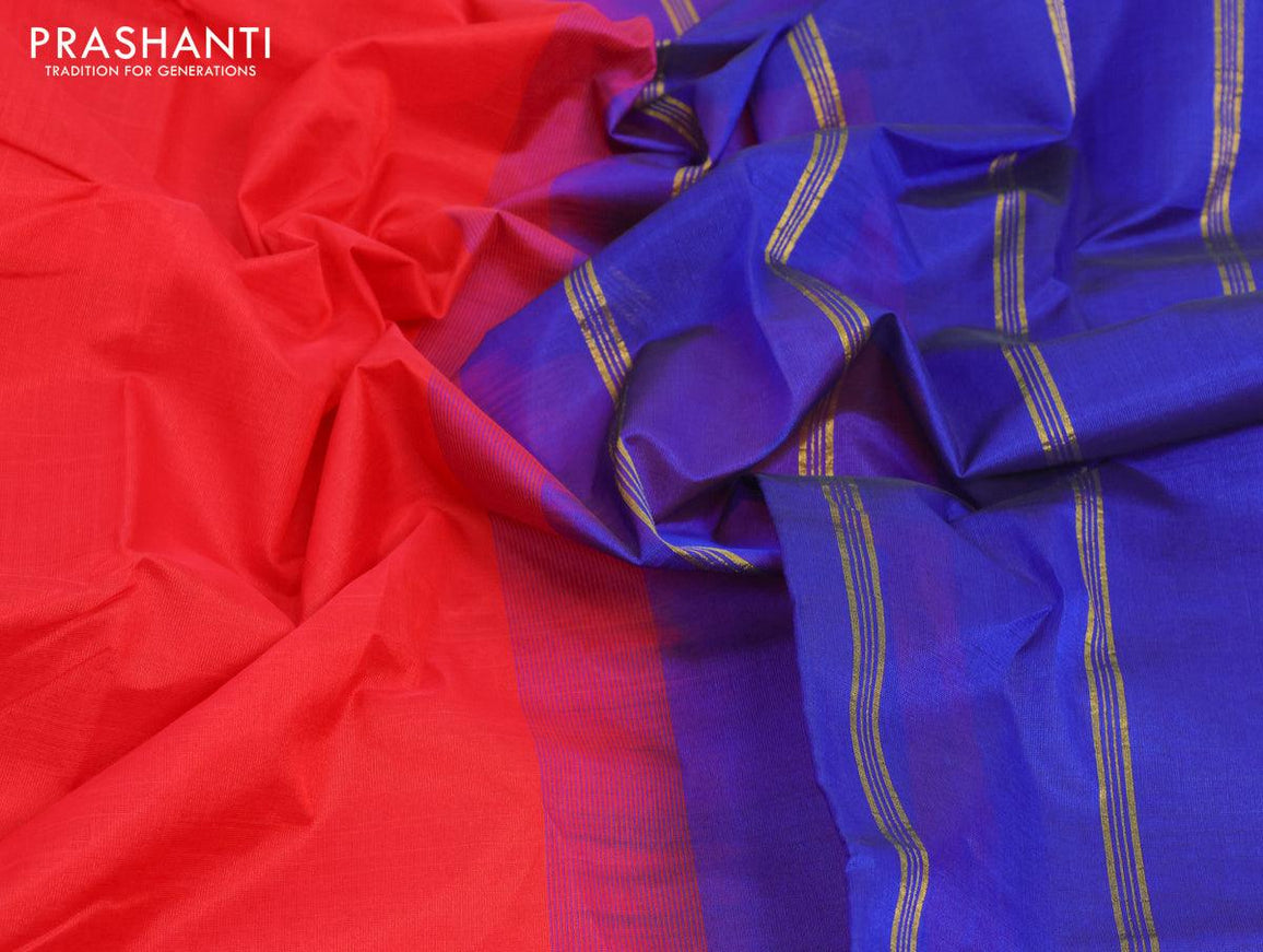 Silk cotton saree red and blue with plain body and small zari woven border - {{ collection.title }} by Prashanti Sarees