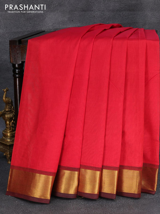 Silk cotton saree red and blue with plain body and zari woven border - {{ collection.title }} by Prashanti Sarees