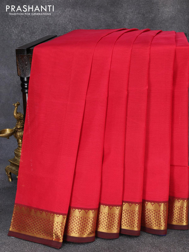 Silk cotton saree red and blue with plain body and zari woven border - {{ collection.title }} by Prashanti Sarees