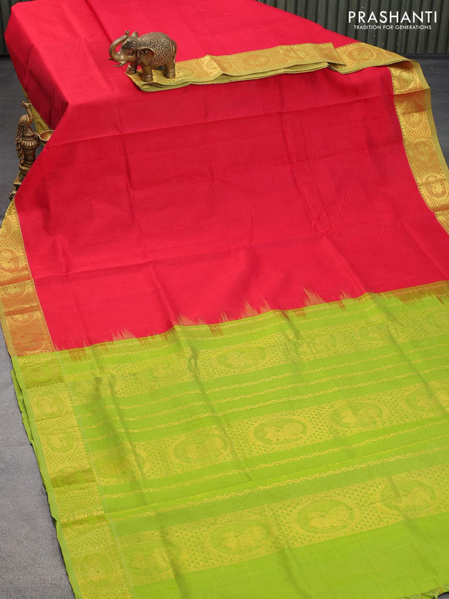 Silk cotton saree red and light green with plain body and annam zari woven border - {{ collection.title }} by Prashanti Sarees