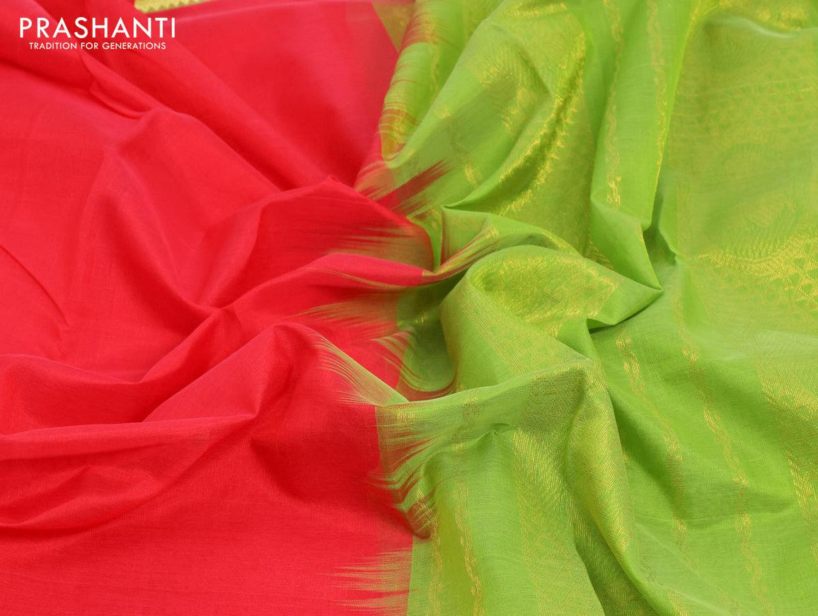 Silk cotton saree red and light green with plain body and annam zari woven border - {{ collection.title }} by Prashanti Sarees