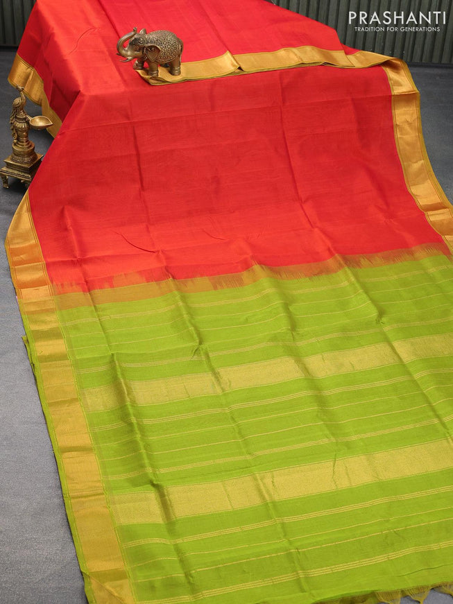 Silk cotton saree red and light green with plain body and zari woven border - {{ collection.title }} by Prashanti Sarees