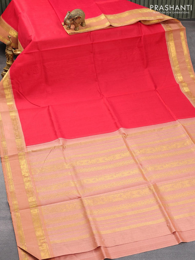 Silk cotton saree red and pastel peach with plain body and rettapet zari woven korvai border - {{ collection.title }} by Prashanti Sarees