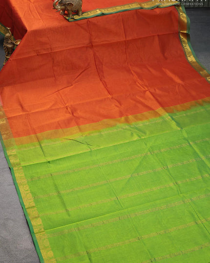 Silk cotton saree rustic orange and light green with plain body and small zari woven border - {{ collection.title }} by Prashanti Sarees