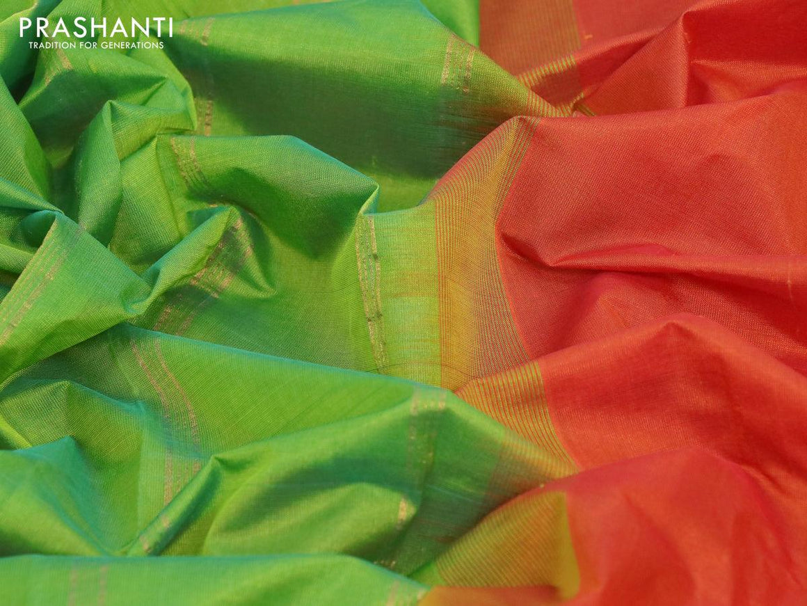 Silk cotton saree rustic orange and light green with plain body and small zari woven border - {{ collection.title }} by Prashanti Sarees