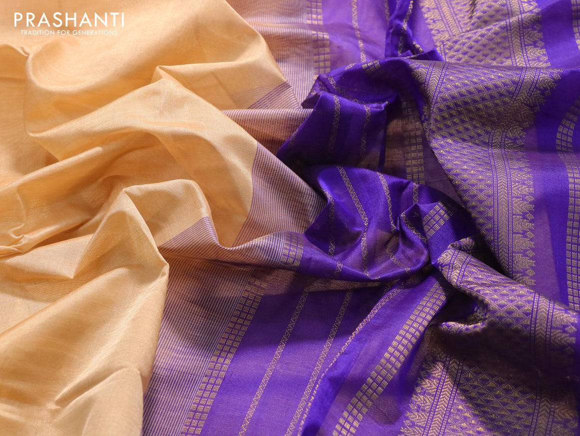 Silk cotton saree sandal and blue with plain body and zari woven border - {{ collection.title }} by Prashanti Sarees