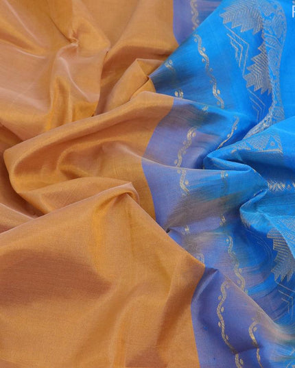 Silk cotton saree sandal and cs blue with plain body and temple design zari woven border - {{ collection.title }} by Prashanti Sarees