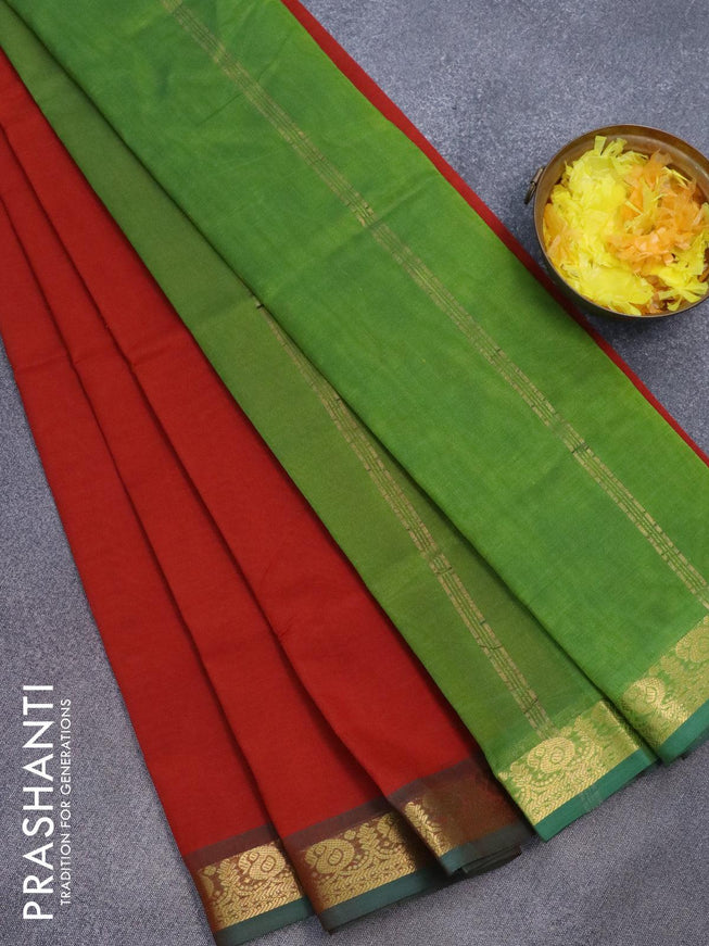 Silk cotton saree sunset orange and light green with plain body and zari woven border - {{ collection.title }} by Prashanti Sarees