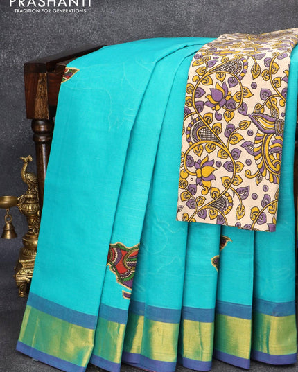 Silk cotton saree teal blue and blue with kalamkari applique work and zari woven border and Kalamakri printed blouse - {{ collection.title }} by Prashanti Sarees