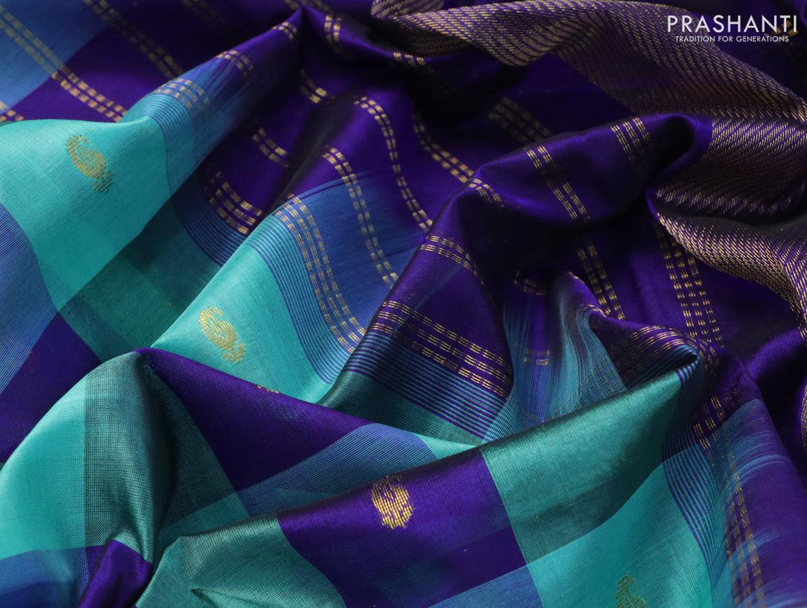 Silk cotton saree teal blue and blue with paalum pazhamum checks & zari buttas and zari woven border - {{ collection.title }} by Prashanti Sarees