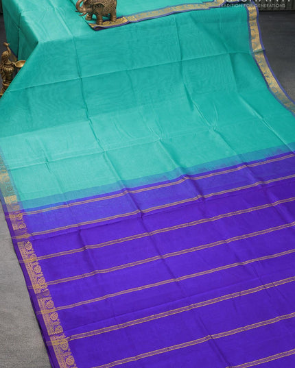 Silk cotton saree teal blue and blue with plain body and small zari woven border - {{ collection.title }} by Prashanti Sarees