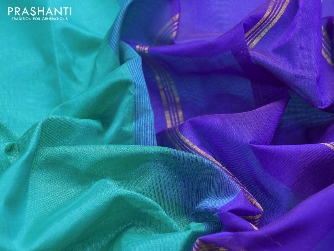 Silk cotton saree teal blue and blue with plain body and temple design zari woven border - {{ collection.title }} by Prashanti Sarees