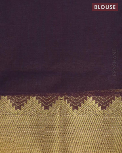 Silk cotton saree teal blue and coffee brown with plain body and temple design zari woven border - {{ collection.title }} by Prashanti Sarees