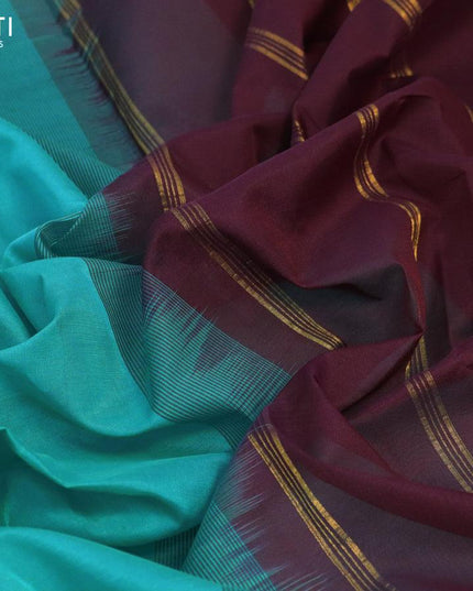 Silk cotton saree teal blue and deep coffee brown with plain body and temple design zari woven border - {{ collection.title }} by Prashanti Sarees