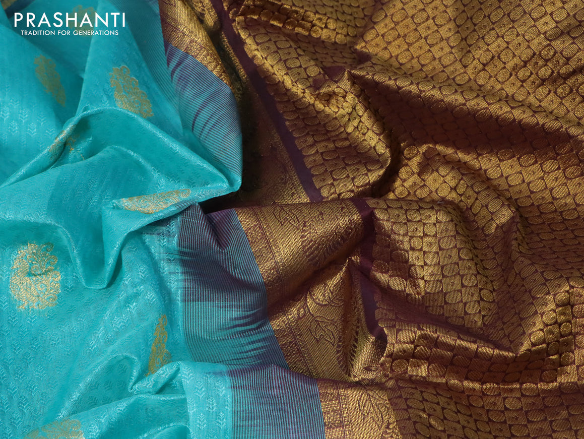 Silk cotton saree teal blue and deep maroon with allover self emboss & annam zari buttas and annam zari woven border - {{ collection.title }} by Prashanti Sarees