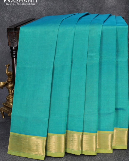 Silk cotton saree teal blue and lime yellow with plain body and zari woven border - {{ collection.title }} by Prashanti Sarees