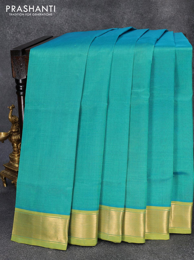 Silk cotton saree teal blue and lime yellow with plain body and zari woven border - {{ collection.title }} by Prashanti Sarees