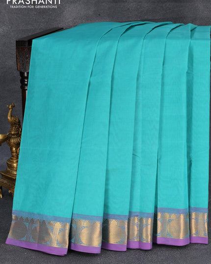 Silk cotton saree teal blue and purple with plain body and rudhraksha zari woven border - {{ collection.title }} by Prashanti Sarees