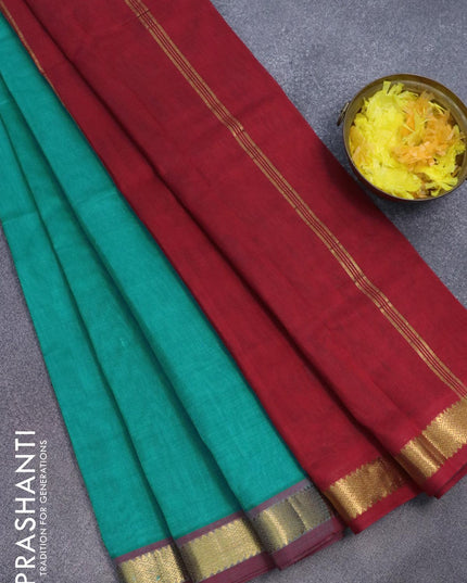 Silk cotton saree teal blue and red with plain body and zari woven border - {{ collection.title }} by Prashanti Sarees