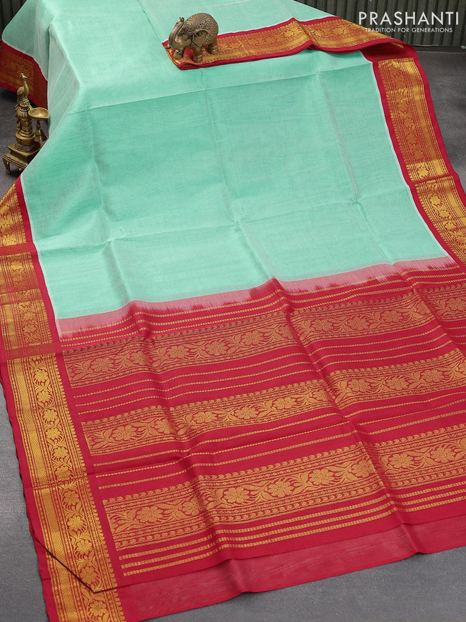 Silk cotton saree teal blue shade and red with plain body and zari woven korvai border - {{ collection.title }} by Prashanti Sarees