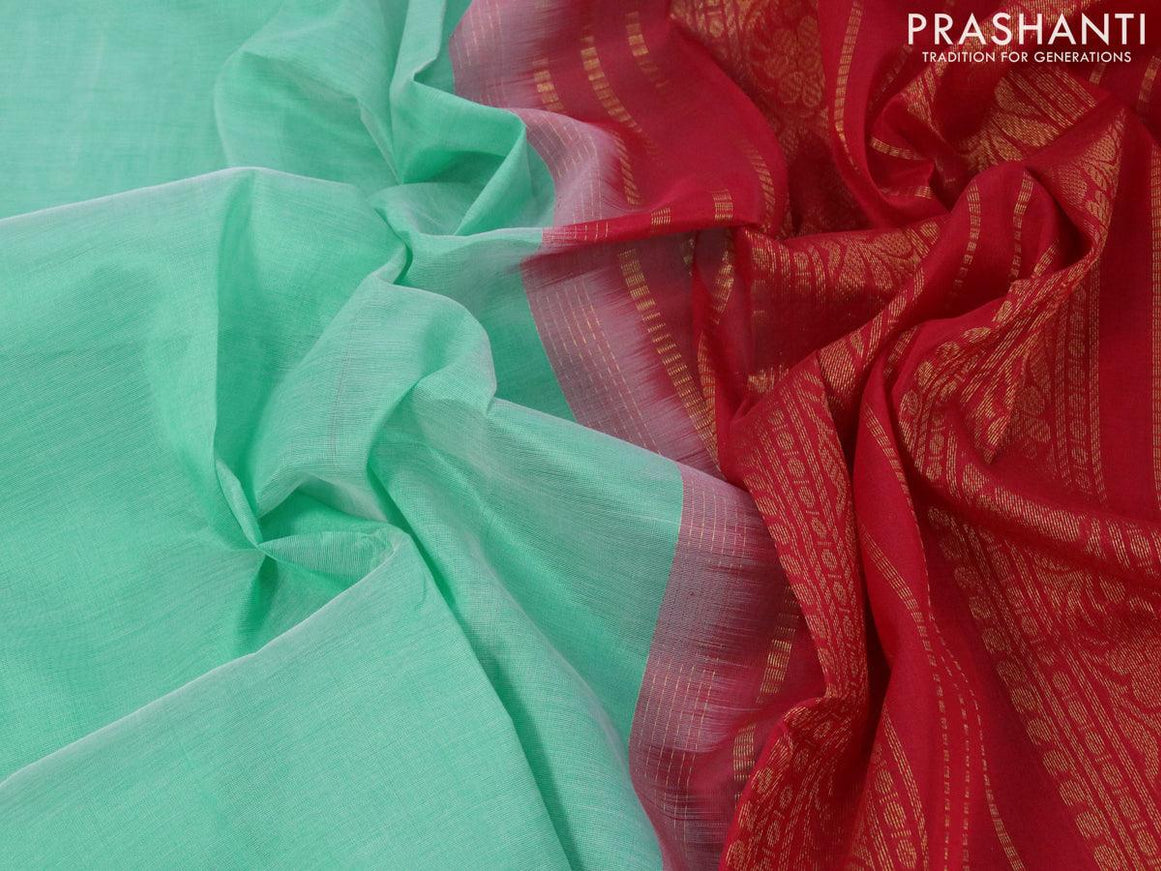 Silk cotton saree teal blue shade and red with plain body and zari woven korvai border - {{ collection.title }} by Prashanti Sarees