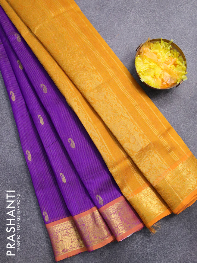 Silk cotton saree violet and mustard yellow with allover vairaosi pattern & paisley zari woven buttas and annam zari woven border - {{ collection.title }} by Prashanti Sarees