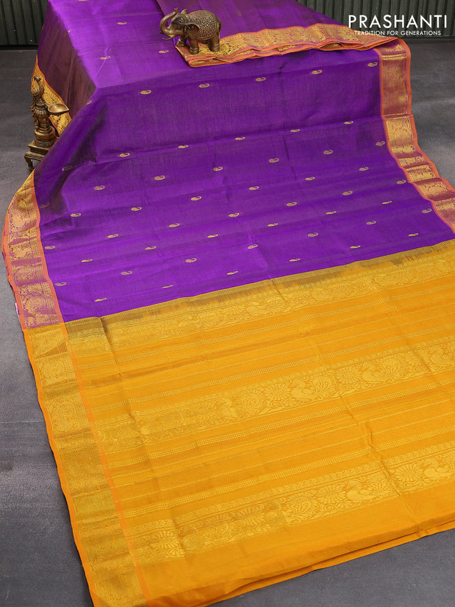 Silk cotton saree violet and mustard yellow with allover vairaosi pattern & paisley zari woven buttas and annam zari woven border - {{ collection.title }} by Prashanti Sarees