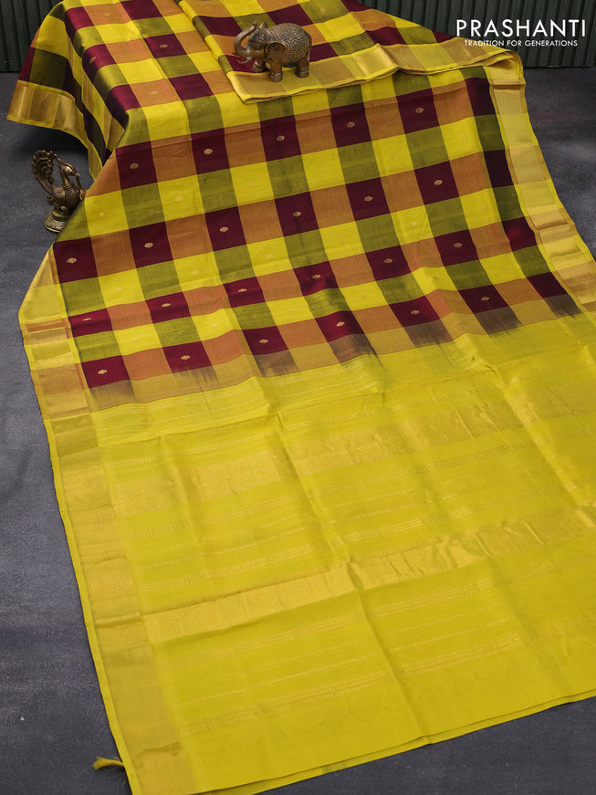 Silk cotton saree wine shade and lime yellow with paalum pazhamum checked pattern & zari buttas and zari woven border - {{ collection.title }} by Prashanti Sarees