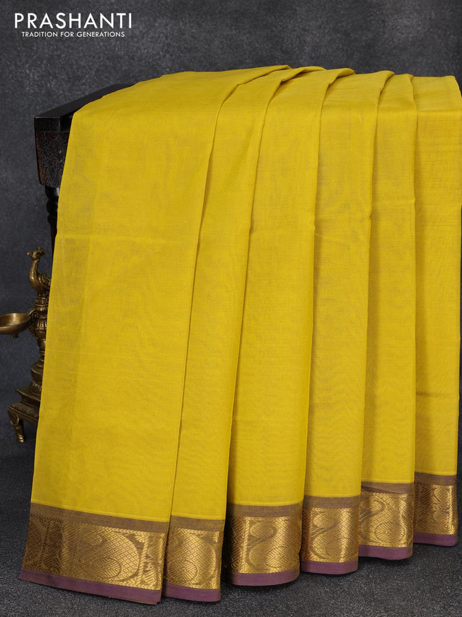 Silk cotton saree yellow and blue with plain body and paisley zari woven border - {{ collection.title }} by Prashanti Sarees