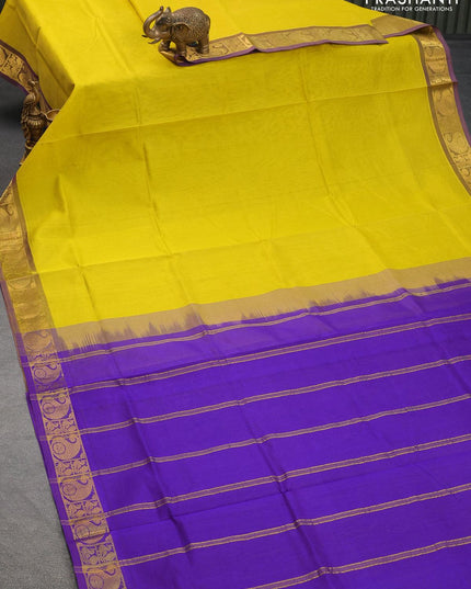 Silk cotton saree yellow and blue with plain body and paisley zari woven border - {{ collection.title }} by Prashanti Sarees