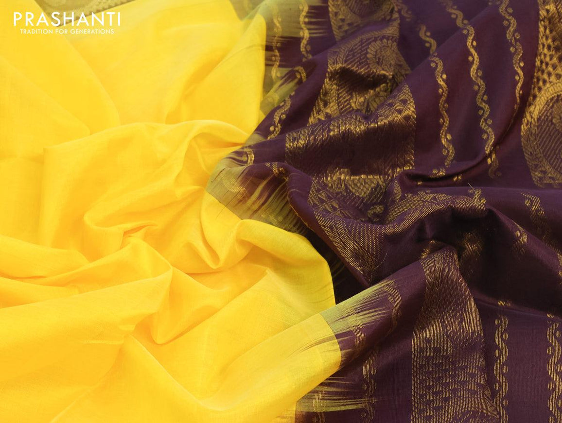 Silk cotton saree yellow and deep coffee brown with plain body and annam zari woven border - {{ collection.title }} by Prashanti Sarees
