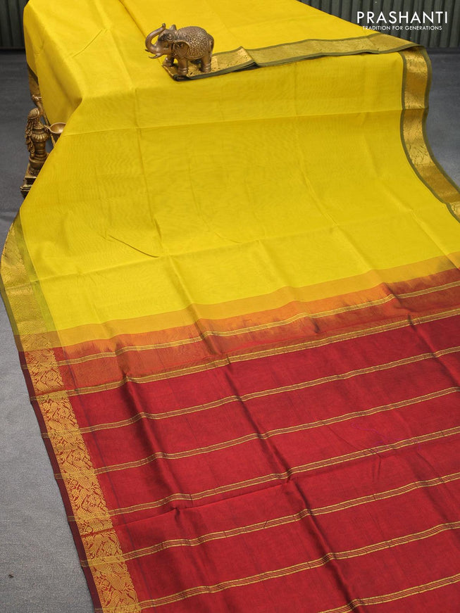 Silk cotton saree yellow and maroon with plain body and peacock zari woven border - {{ collection.title }} by Prashanti Sarees