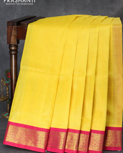 Silk cotton saree yellow and pink with plain body and zari woven korvai border - {{ collection.title }} by Prashanti Sarees