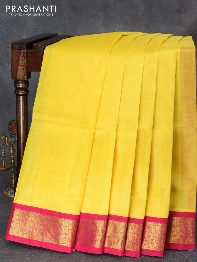 Silk cotton saree yellow and pink with plain body and zari woven korvai border - {{ collection.title }} by Prashanti Sarees