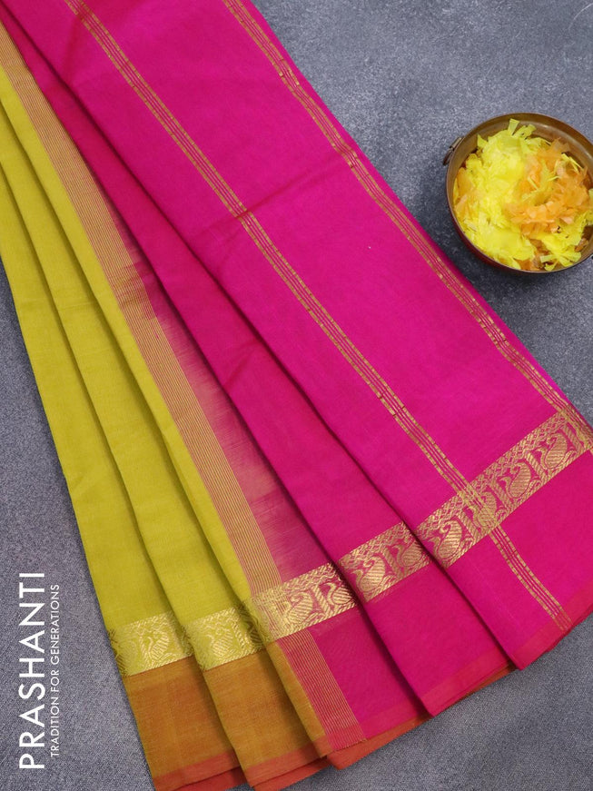 Silk cotton saree yellow and pink with plain body and zari woven simple border - {{ collection.title }} by Prashanti Sarees