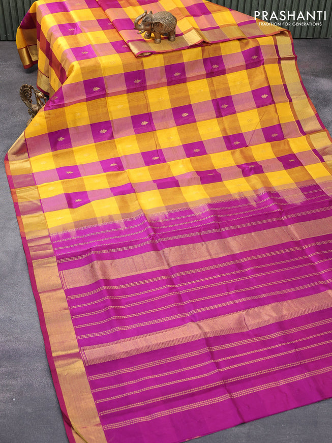 Silk cotton saree yellow and purple with paalum pazhamum checked pattern & zari buttas and zari woven border - {{ collection.title }} by Prashanti Sarees