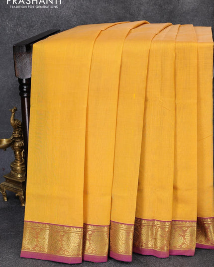 Silk cotton saree yellow and purple with plain body and annam zari woven border - {{ collection.title }} by Prashanti Sarees
